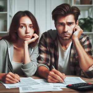A man and woman sitting at a table with financial documents and a calculator, looking concerned.