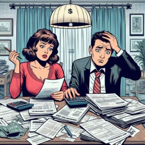 A couple sitting at a table filled with tax documents and a calculator, looking concerned while reviewing their finances.