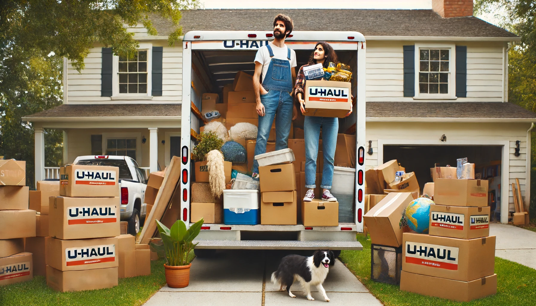 DALL·E 2024 06 17 14.12.41 A couple unloading an overpacked U Haul truck at their new home. The truck is full of boxes and furniture, with items spilling out slightly. The coupl