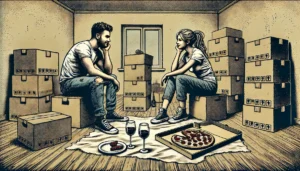 Illustration of a couple sitting on the floor surrounded by moving boxes with pizza and wine.