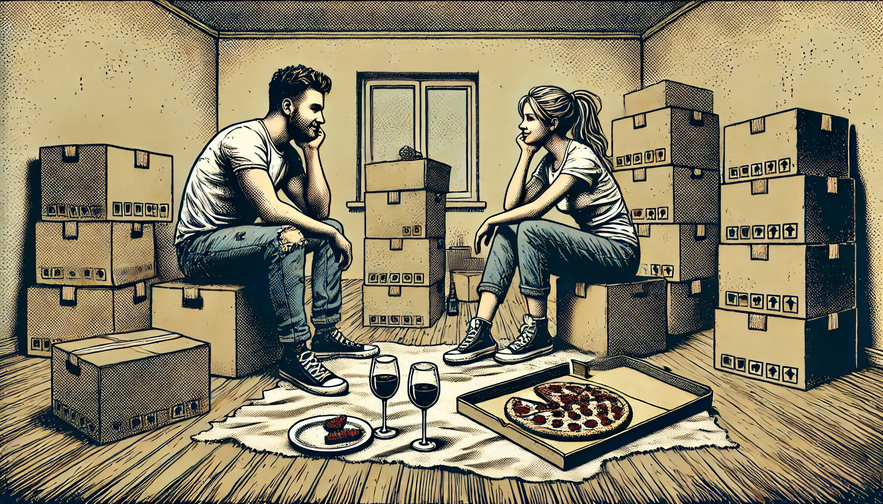 DALL·E 2024 06 29 19.43.01 A gritty, hand drawn comic book style image of a couple in their new home after a big move, viewed from a different angle. They look exhausted, sittin