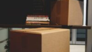Two cardboard moving boxes on a shelf with stacked books in the background.