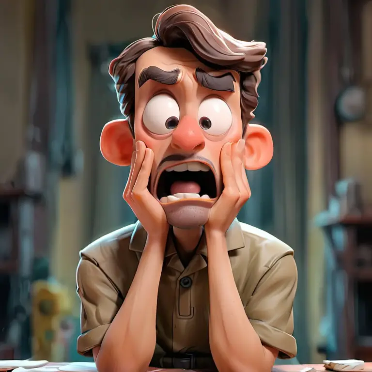 Animated character with a shocked expression, hands on face, and wide eyes in a cartoon style.