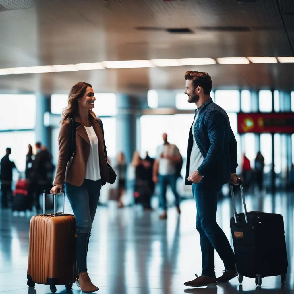 A man and a woman interacting in an airport terminal with luggage in hand.