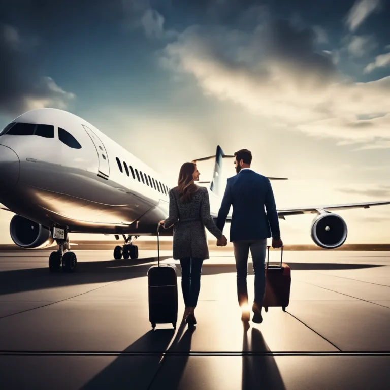 A couple holding hands while walking towards a parked airplane on an airport runway.