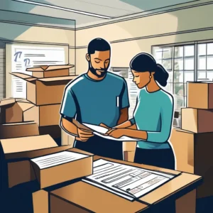A couple examining moving documents while surrounded by cardboard boxes in a room.