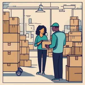 Two individuals in a warehouse setting, one handing a package to the other among stacked boxes.