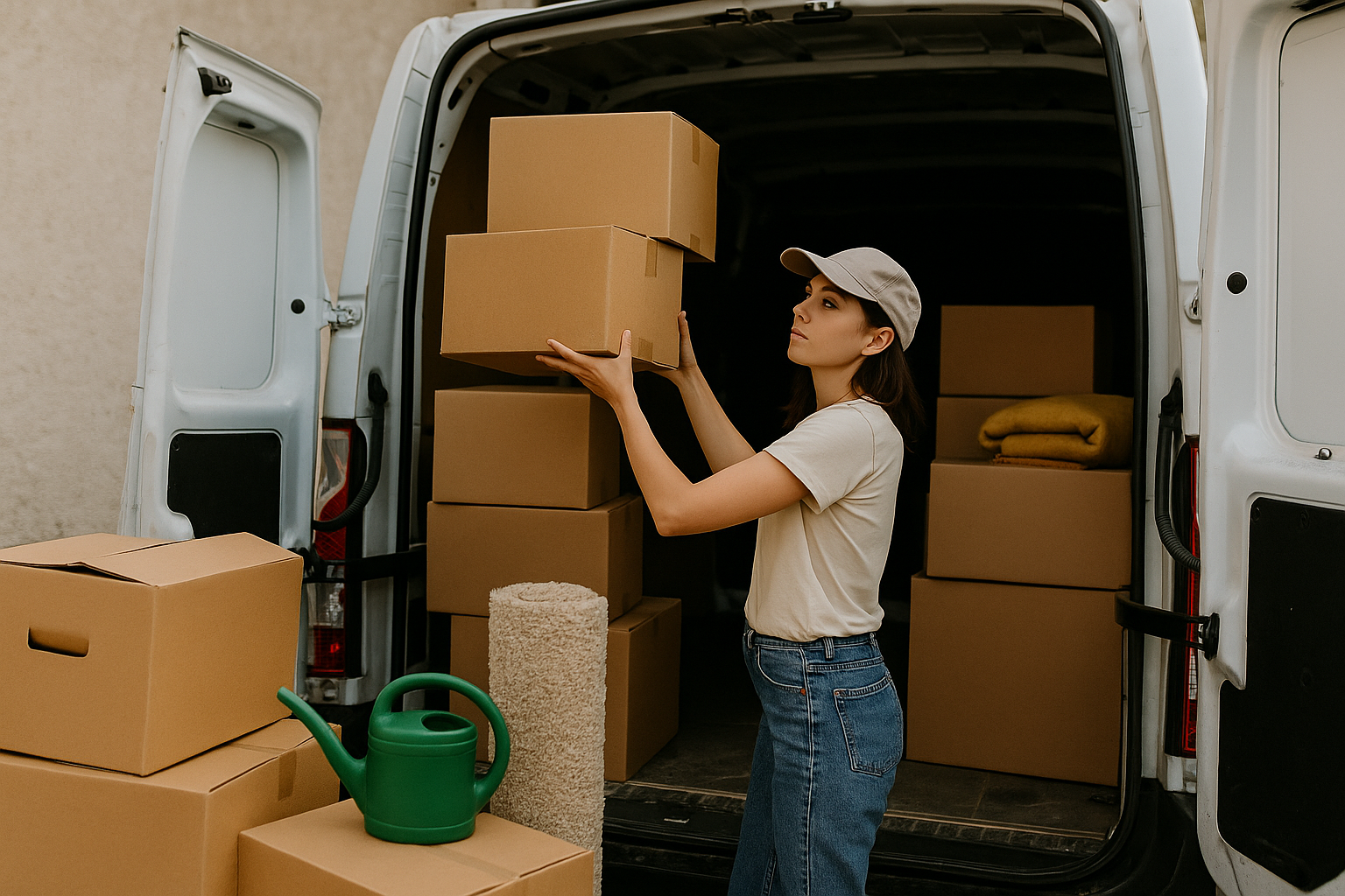 Individual lifting cardboard boxes while standing in the back of a van filled with moving supplies.