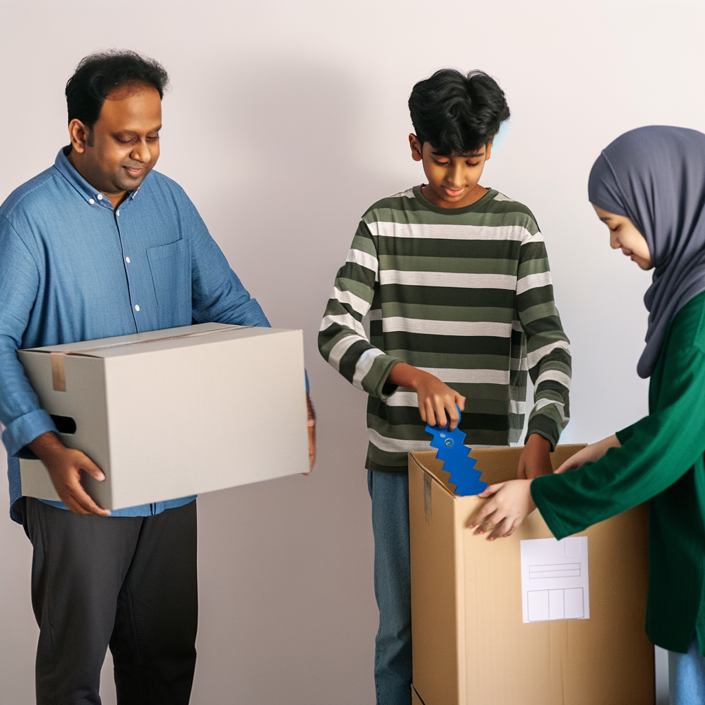 A man and two children packing moving boxes in a neutral setting.