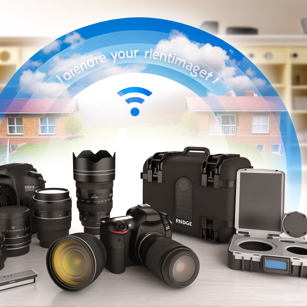 Various camera equipment including lenses, a DSLR camera, and storage cases arranged on a surface.