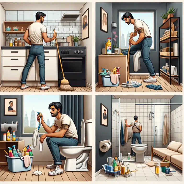 Illustration of a man cleaning various rooms in a home with cleaning supplies.