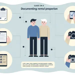 Illustration depicting a guide on documenting rental property condition with checklist and characters.