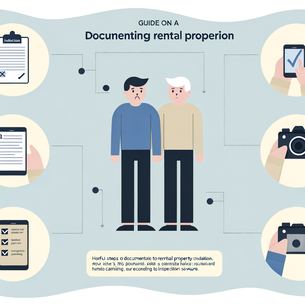 Illustration depicting a guide on documenting rental property condition with checklist and characters.