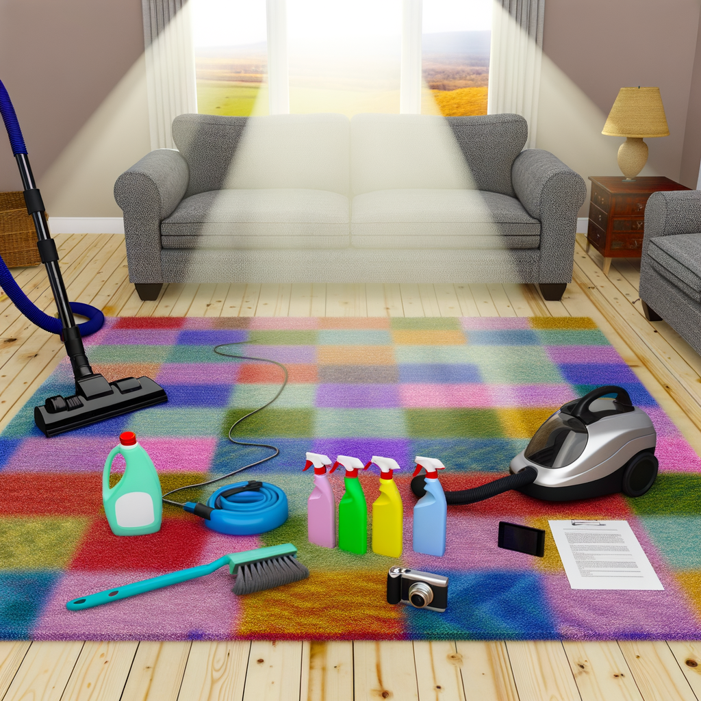 Various cleaning supplies and equipment arranged on a colorful carpet in a living room setting.