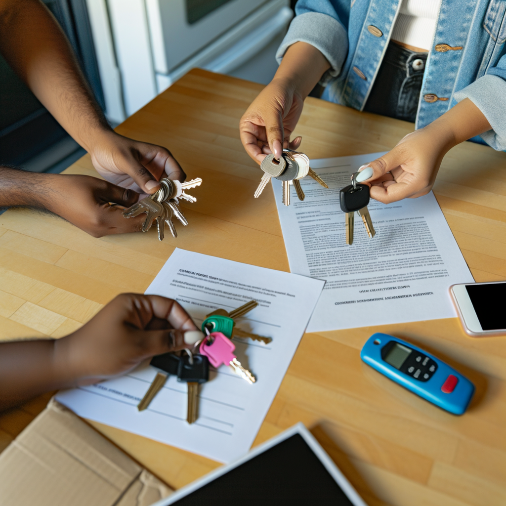 Multiple hands holding sets of keys over rental property documents on a table.