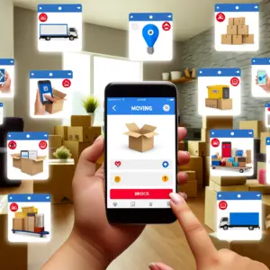 Mobile phone displaying a moving app interface with various icons related to moving services.