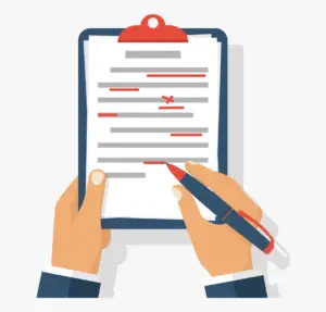 Hands holding a clipboard with a document featuring annotations and corrections marked in red ink.