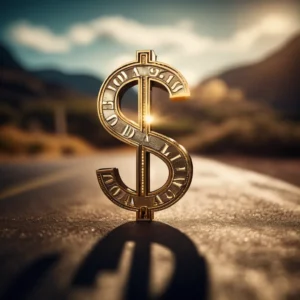 A gold dollar sign sculpture placed on a surface with a blurred background.