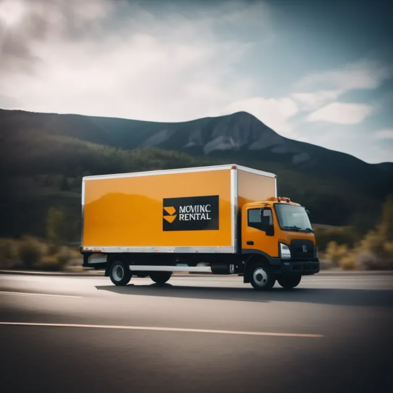 Yellow moving rental truck driving on a road with mountains in the background.