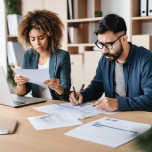 Two professionals reviewing documents at a table with a laptop and papers in an office setting.
