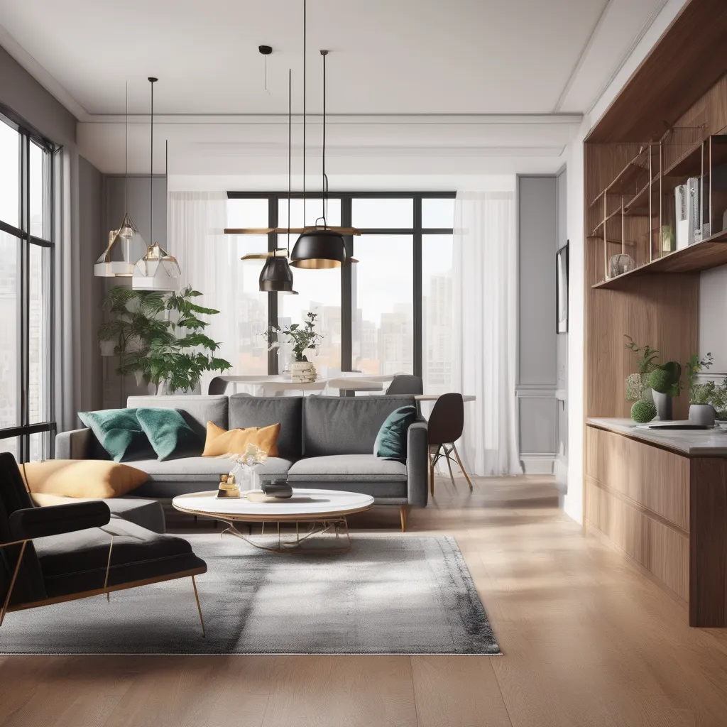 Contemporary living room featuring a gray sofa, coffee table, and large windows with natural light.
