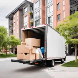 A moving truck with stacked cardboard boxes and a blue container in the back on a residential street.