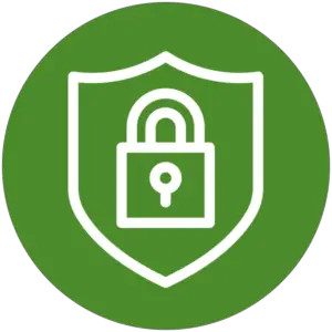Green circular icon featuring a white shield with a padlock symbol inside.