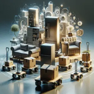 Furniture dollies with boxes and appliances arranged in a stylized setting.