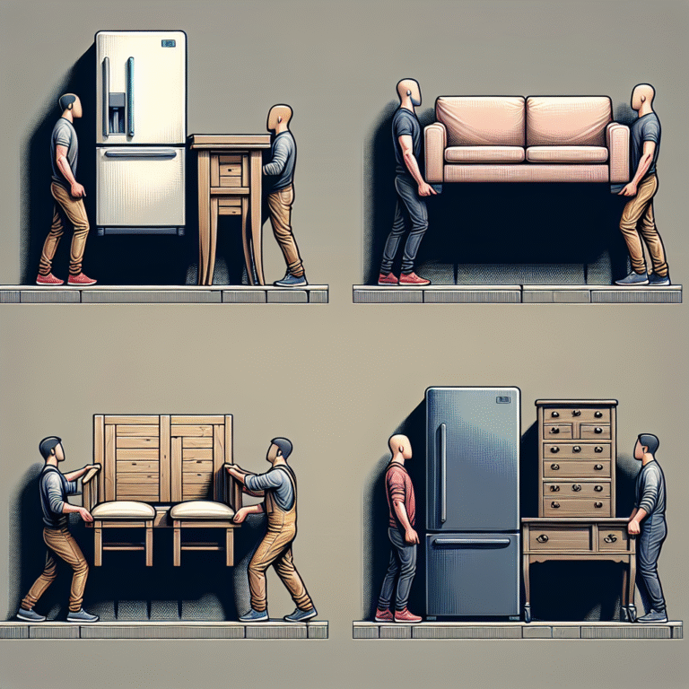 Illustration showing individuals moving various types of furniture including a refrigerator, couch, chairs, and a dresser.