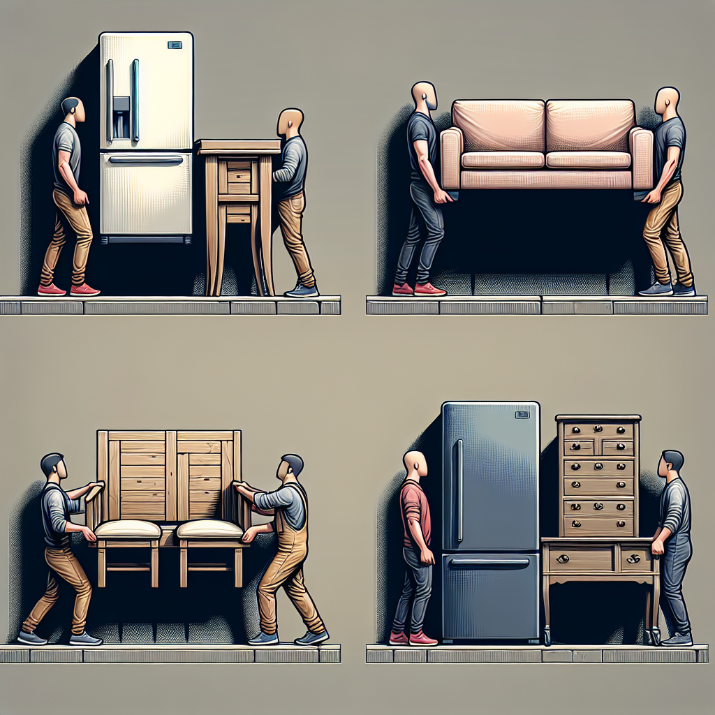 Illustration showing individuals moving various types of furniture including a refrigerator, couch, chairs, and a dresser.