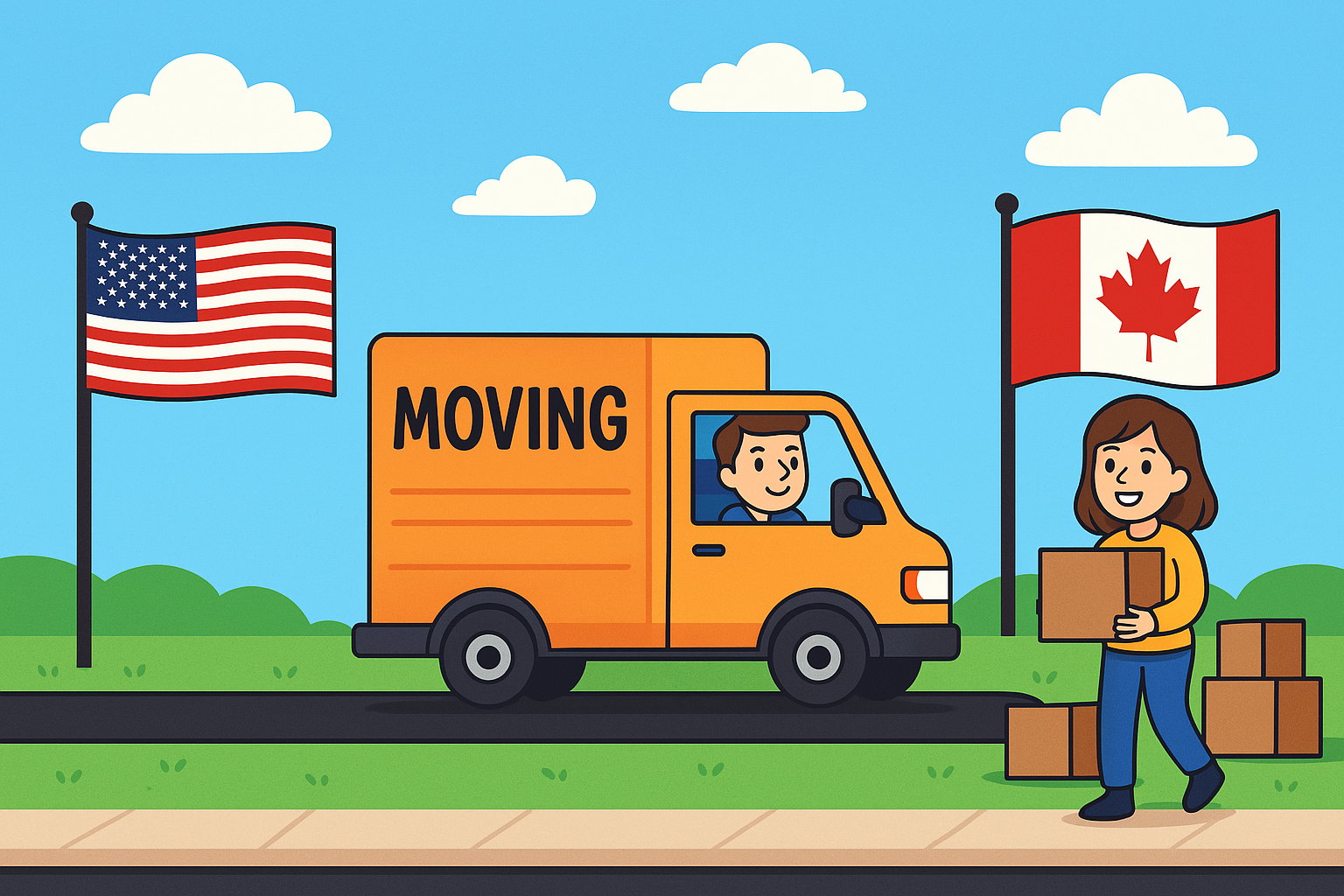 Cartoon illustration of a moving truck with USA and Canada flags, featuring a person carrying boxes.