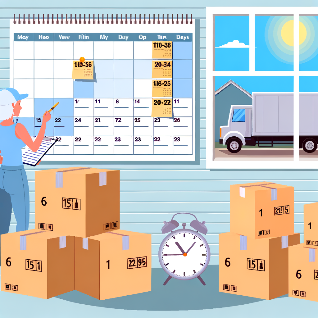Illustration of a person checking a calendar with moving boxes and a clock in a room.
