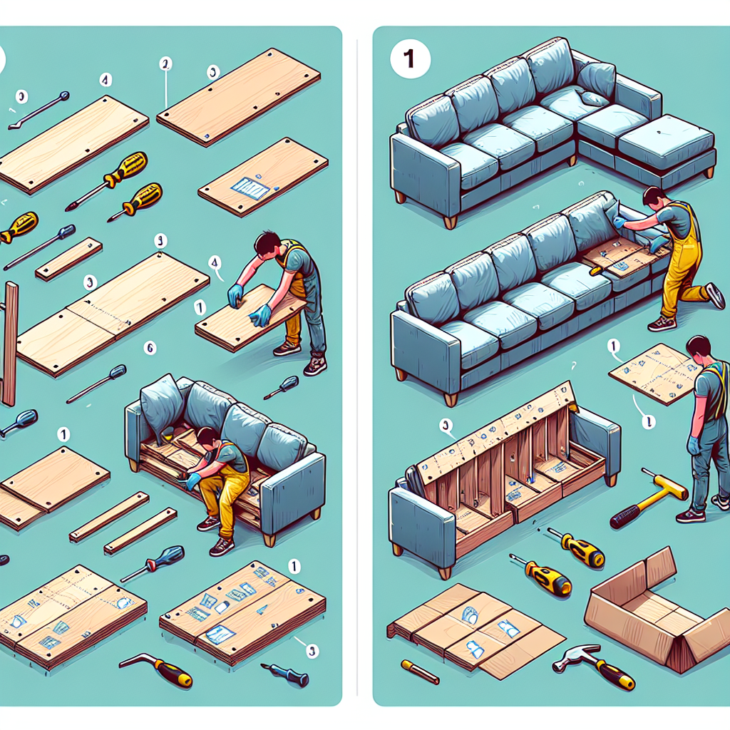 Illustration showing steps to disassemble and reassemble a sectional sofa with tools and parts.