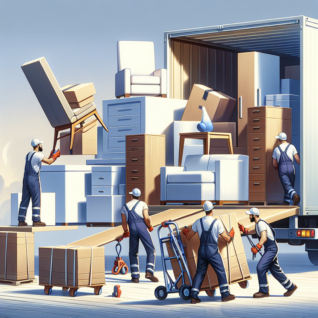 Movers loading IKEA furniture into a moving truck with various items stacked on a ramp.