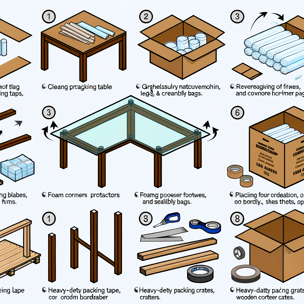 Illustration showing steps for wrapping and packing glass furniture components with labeled materials and tools.