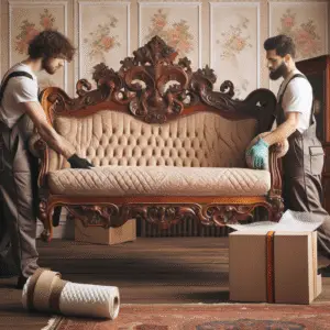 Two movers carefully lifting an ornate antique sofa while preparing for transport.