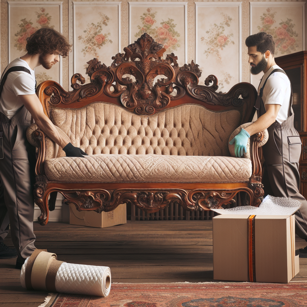 Two movers carefully lifting an ornate antique sofa while preparing for transport.