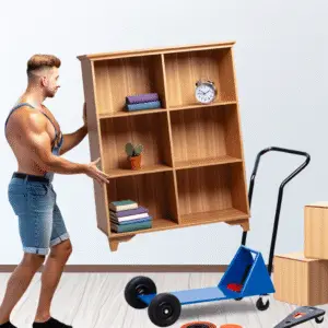 A person lifting a wooden bookshelf while using a hand truck for moving furniture.