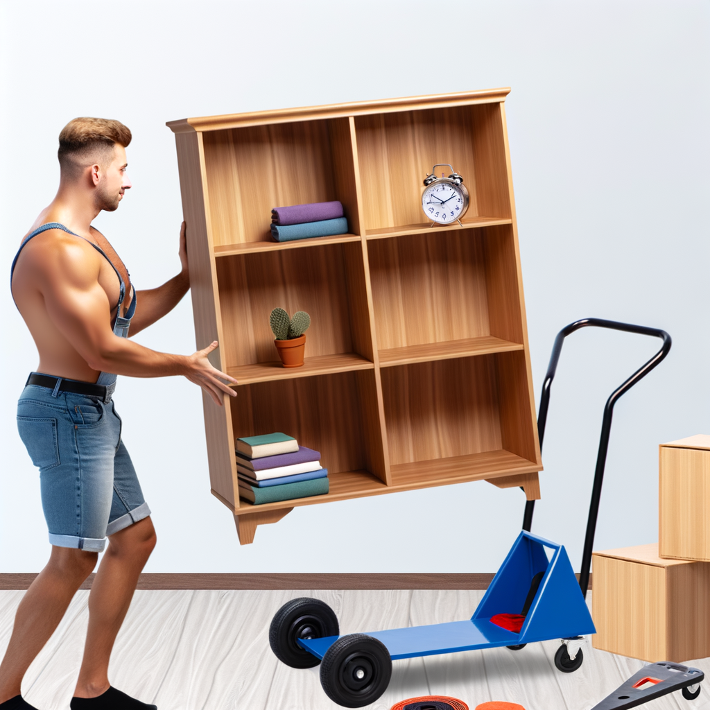 A person lifting a wooden bookshelf while using a hand truck for moving furniture.