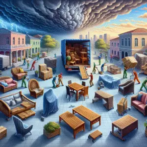 Illustration of people moving outdoor furniture into a truck under stormy skies.
