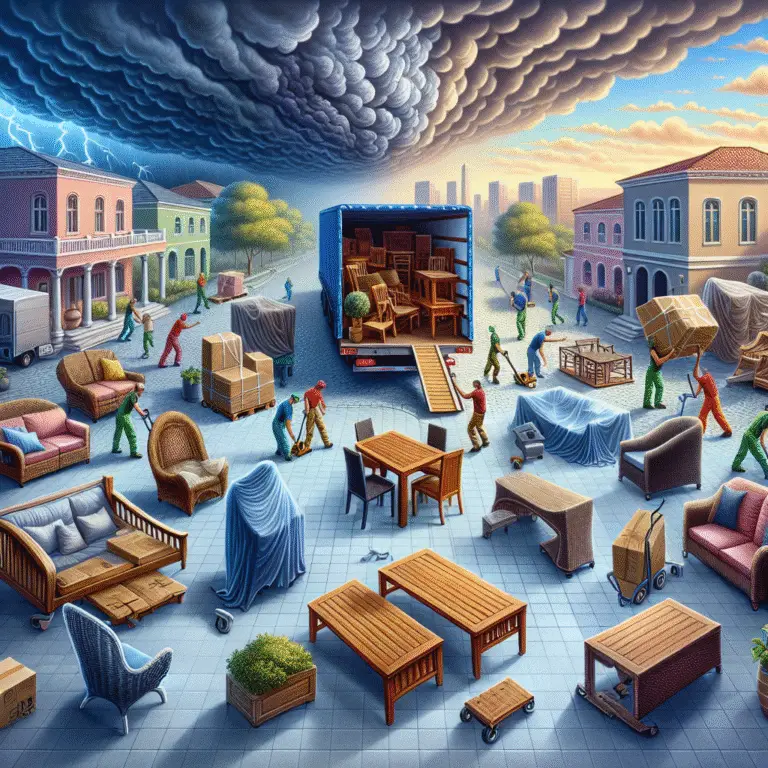 Illustration of people moving outdoor furniture into a truck under stormy skies.