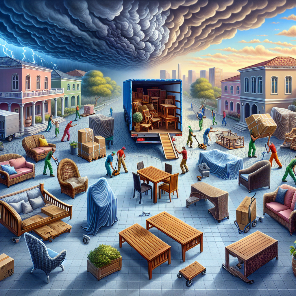 Illustration of people moving outdoor furniture into a truck under stormy skies.