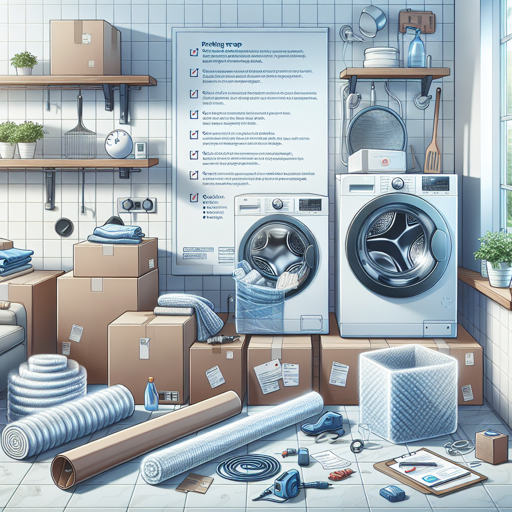 Illustration of washing machines and dryers with packing materials and boxes in a laundry setting.
