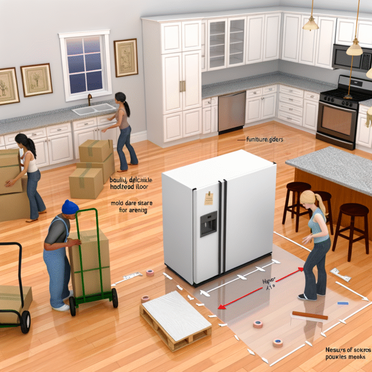 Illustration showing individuals moving a refrigerator in a kitchen with furniture gliders and boxes.