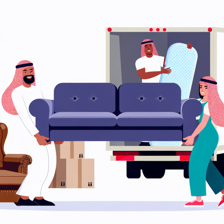Two individuals carrying a purple couch while another person holds a mattress in a moving truck.