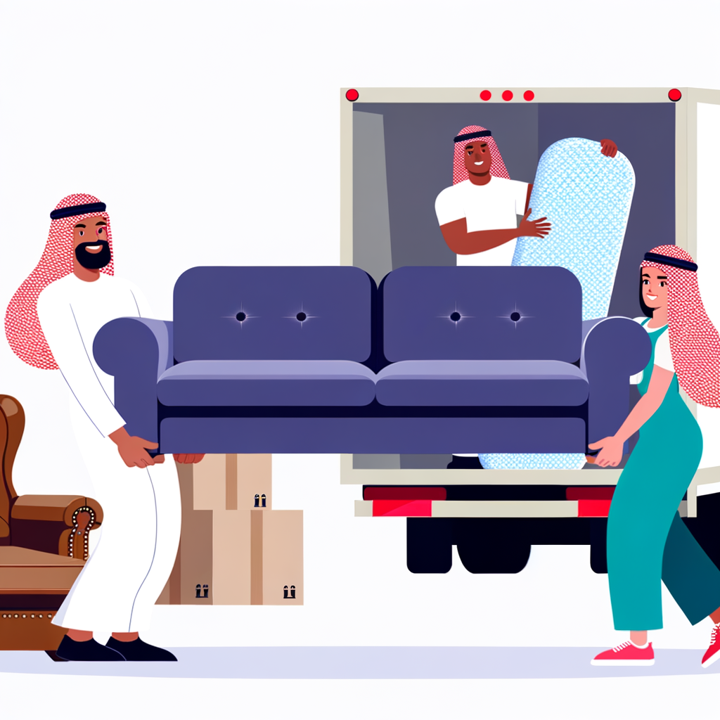 Two individuals carrying a purple couch while another person holds a mattress in a moving truck.