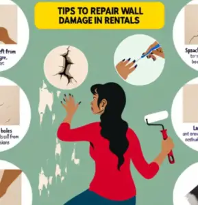 Illustration showing tips for repairing wall damage in rental properties with a woman painting a wall.