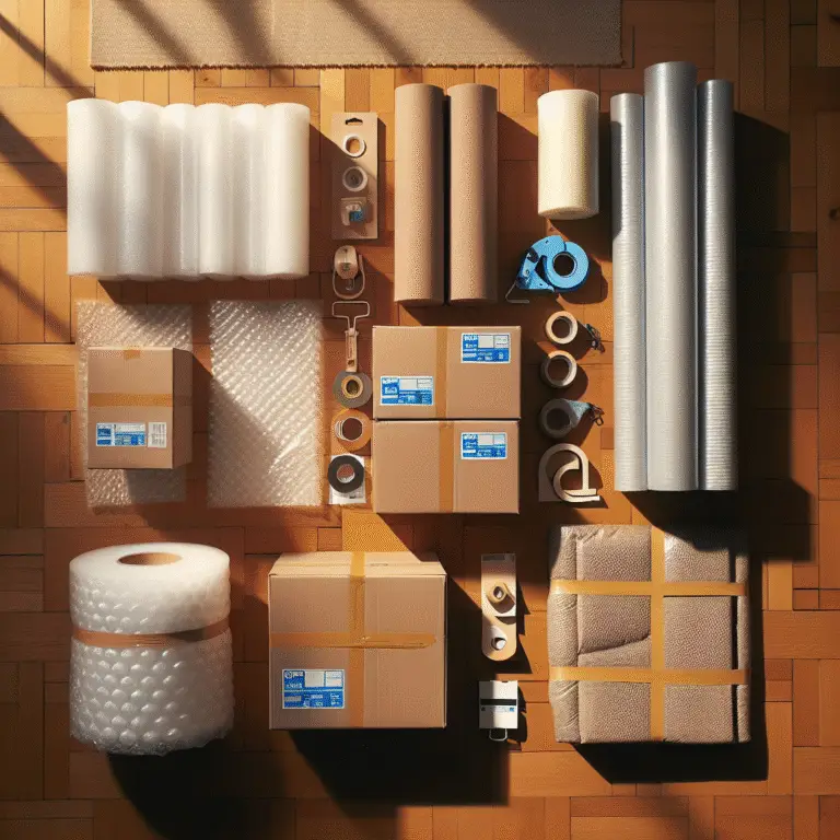 Various packing materials including boxes, bubble wrap, and tape arranged on a wooden floor.