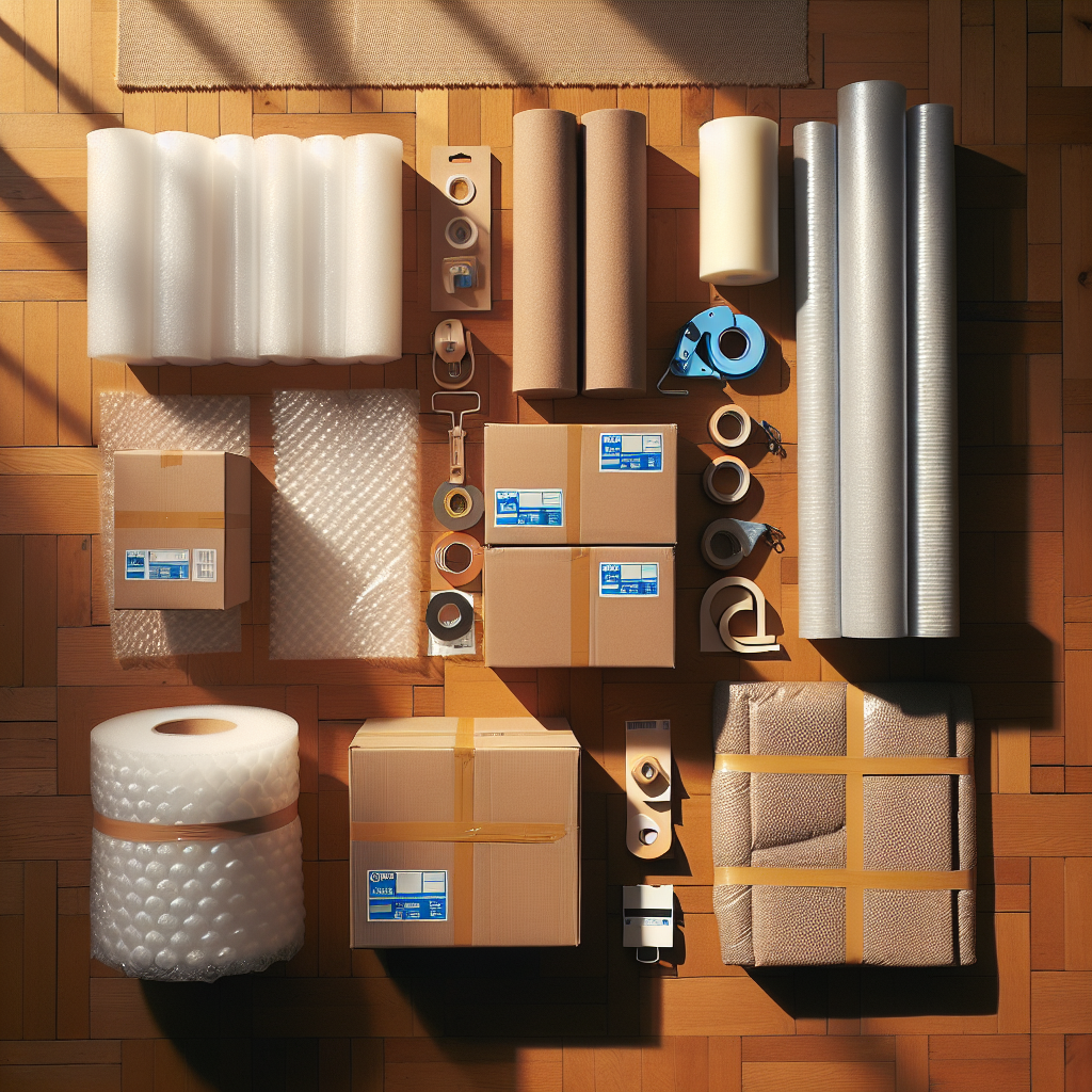 Various packing materials including boxes, bubble wrap, and tape arranged on a wooden floor.
