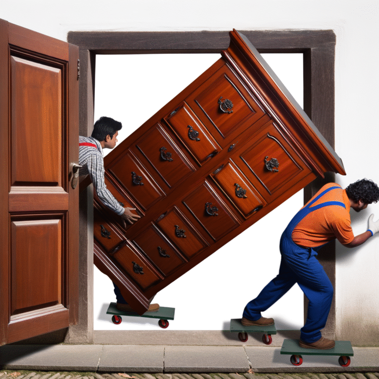 Two individuals maneuvering a large wooden dresser through a narrow doorway using furniture dollies.